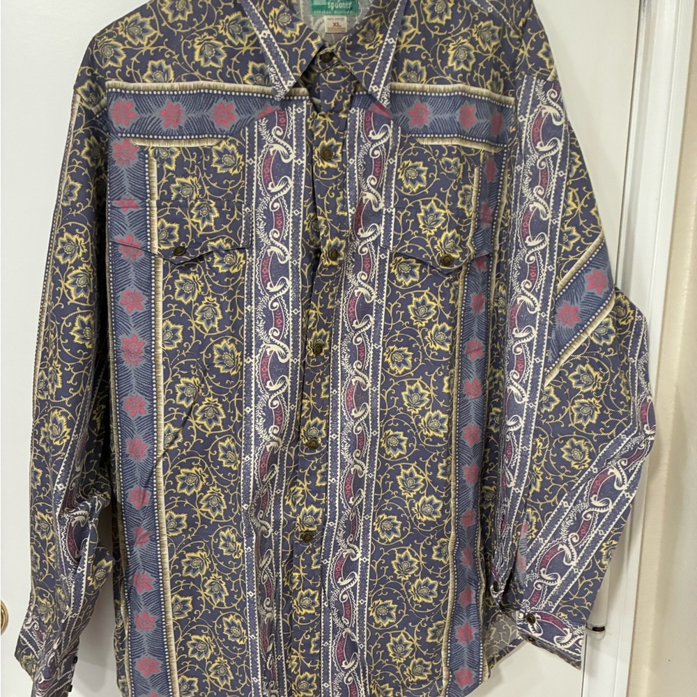 Reyn Spooner Blue and Gold Patterned Snap Button Western Shirt